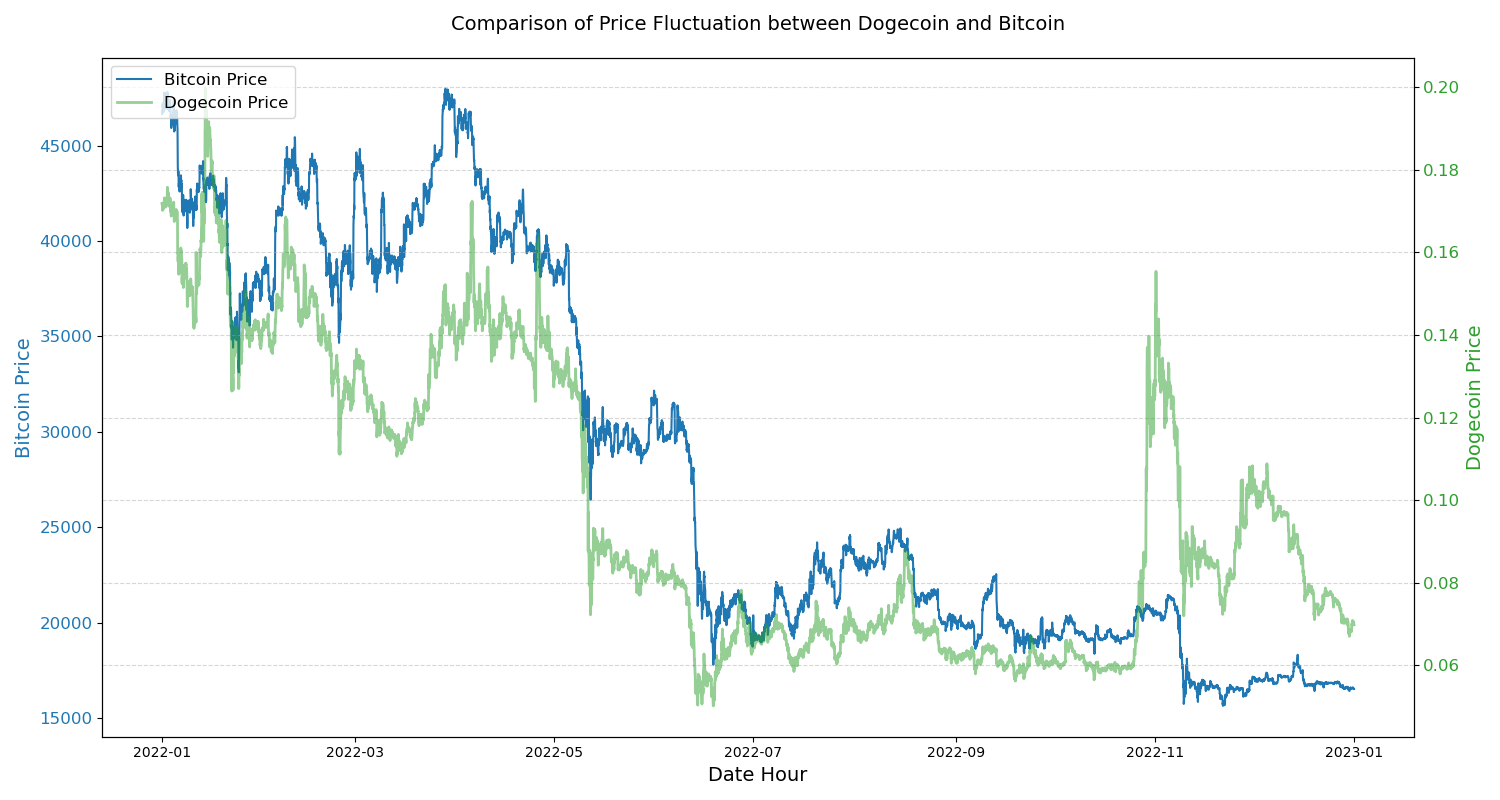 The graph shows the price fluctuation of bitcoin and dogecoin in 2022